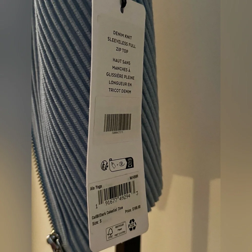 NWT Alo Denim Knit Sleeveless Full Zip Top Vest Celestial Blue - Picture 4 of 5